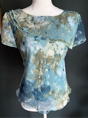 VTG Miss Dorby Petite 8P Blue Floral Sheer Layered Blouse Shoulder Pads